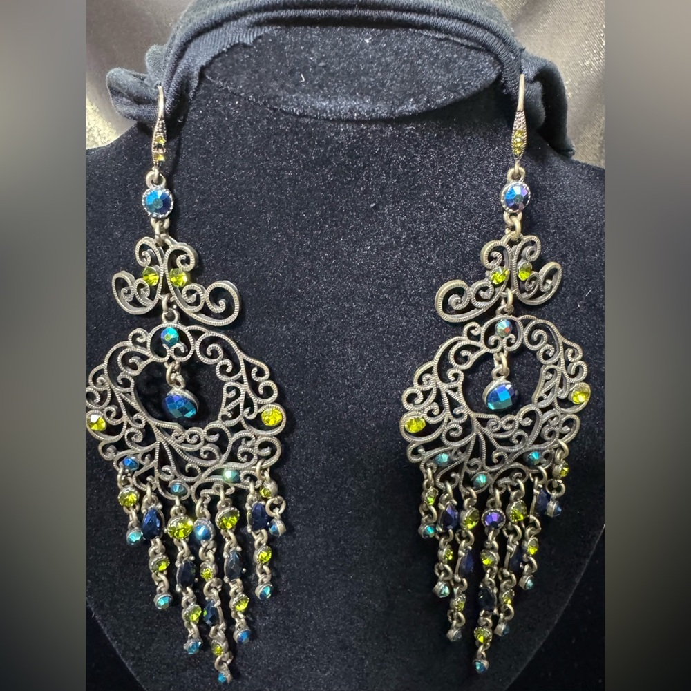 Blue and Lime Crystal Filigree Statement Earrings -